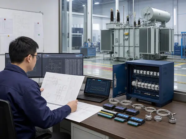 Engineer configuring a transformer monitoring system from drawings, sensors and channel requirements
