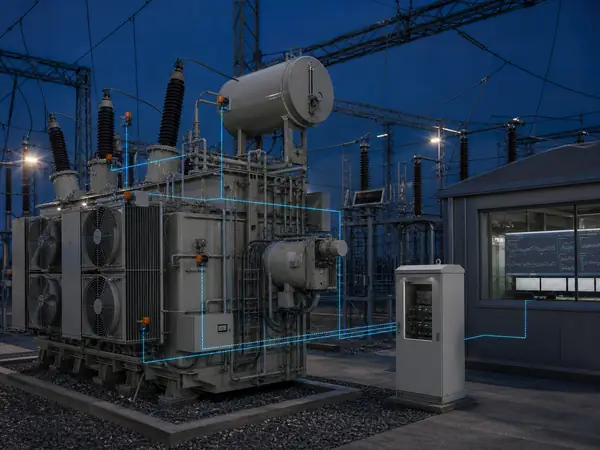 Complete transformer monitoring system connecting condition sensors, field acquisition and control-room data